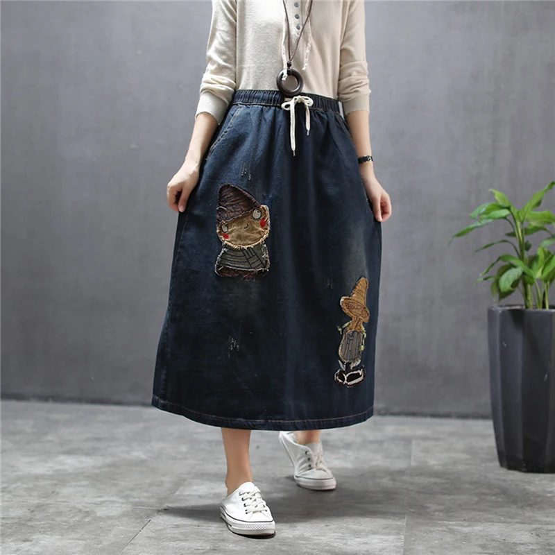 

Autumn Women Cartoon Patch Denim Female Vintage Long Maxi Skirts Oversized High Waist Skirt Art Jeans Skirt Ropa De Mujer Faldas