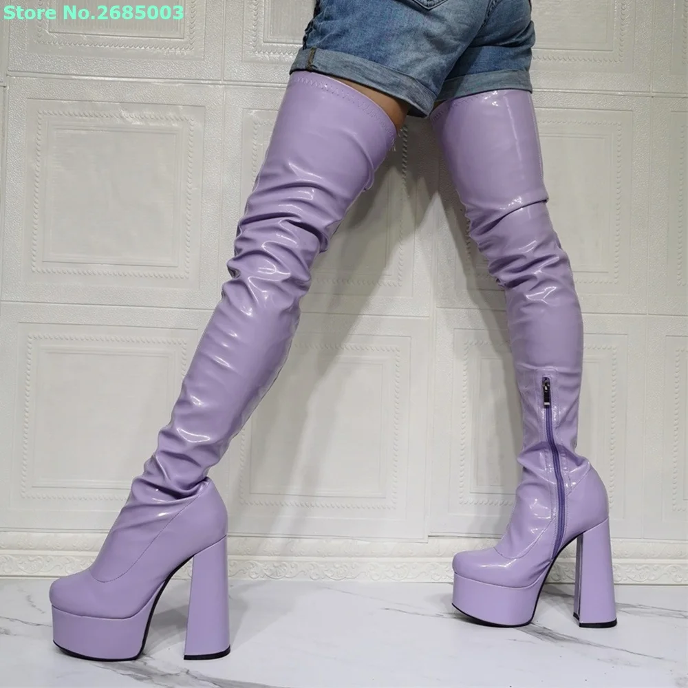 

Solid Thick High Heels Over Knee Boots High Platfrom Round Toe Zipper Patent Leather Autume Winter Party Dress Long Boots Shoes