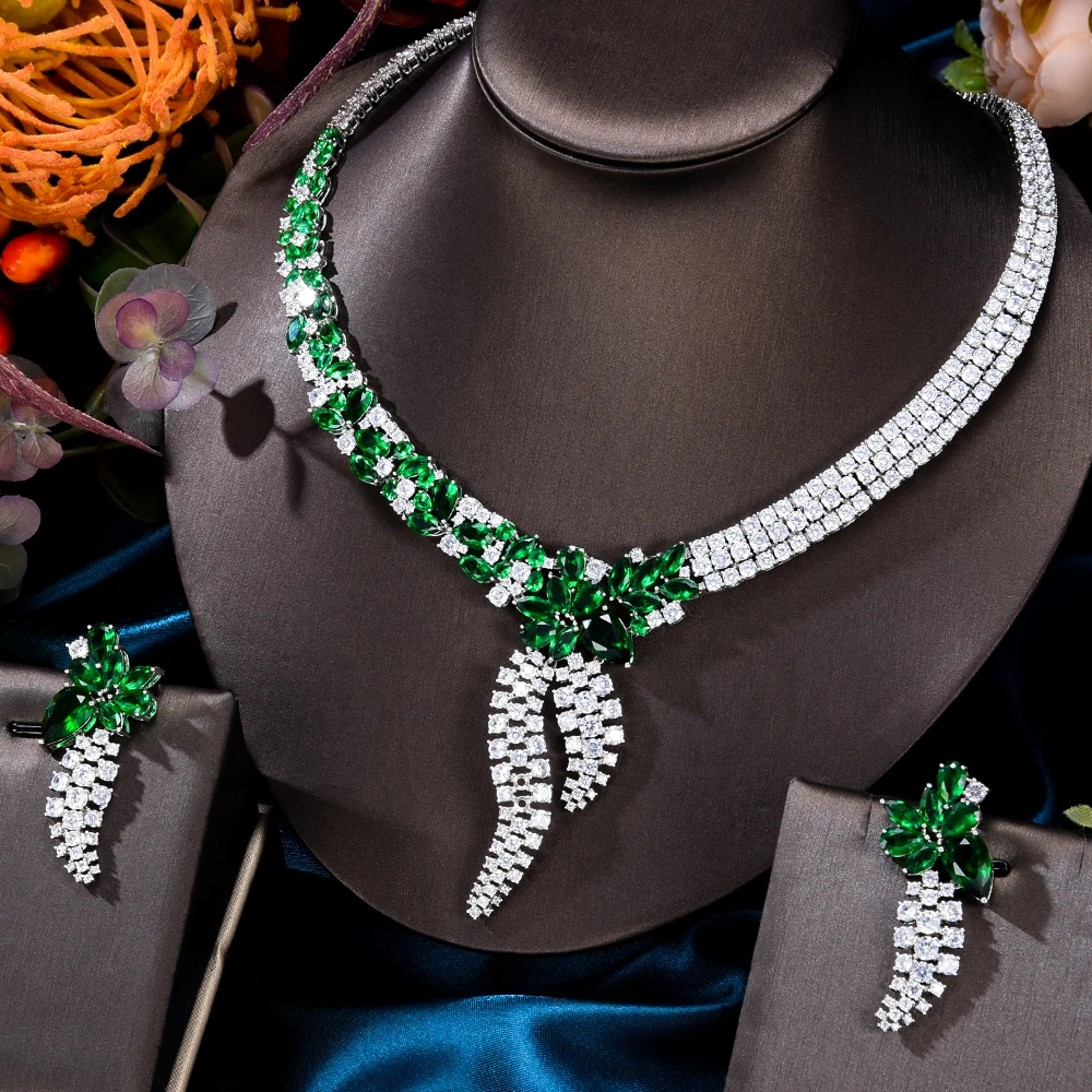 

Jimbora New Luxury Bridal Romantic Necklace Bangle Earrings Ring 4PCS Jewelry Set For Bridal Wedding Jewellery High Quality
