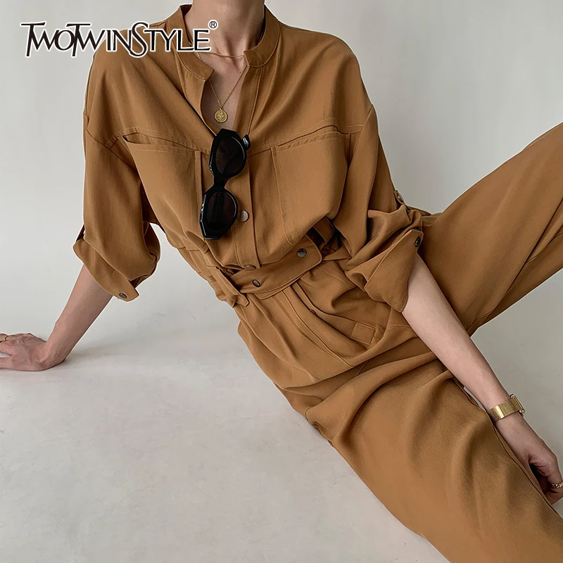 TWOTIWNSTYLE Casual Jumpsuits For Female V Neck Long Sleeve High Waist Slimming Solid Color Women's Jumpsuits Fashion New 2022