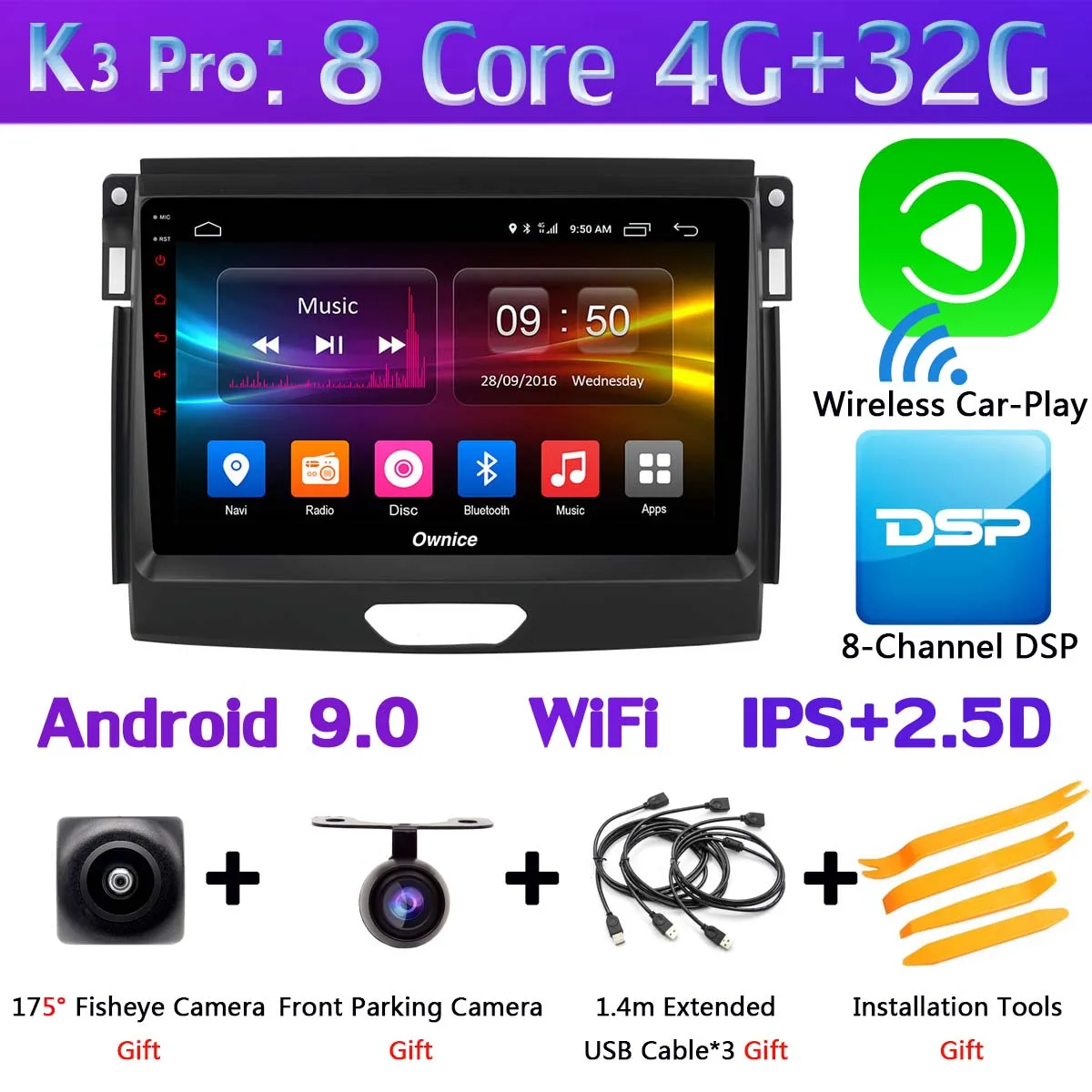 K3 Pro CarPlay Панорамная камера 360 ° 4G LTE WiFi 8 ядерный Android 9,0 4G+ 64G SPDIF DSP CarPlay Автомобильный плеер для Ford Ranger- gps радио - Цвет: K3 Pro CarPlay
