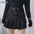 Уличная одежда Waatfaak, черная джинсовая юбка в стиле пэчворк с карманами, короткая Сексуальная трапециевидная Готическая мини-юбка, Джинсовая юбка Egirl, Джинсовая юбка для танцев в стиле стимпанк, хиппи