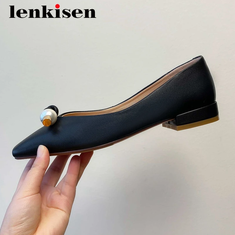 

Lenkisen simple style cow split leather pendant handmade square toe low heel slip on beauty girls leisure maiden women pumps L38