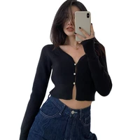 2021 new hot sellingwomens v neck button casual sexy navel exposed long sleeved knitted cardigan tops buckle tops