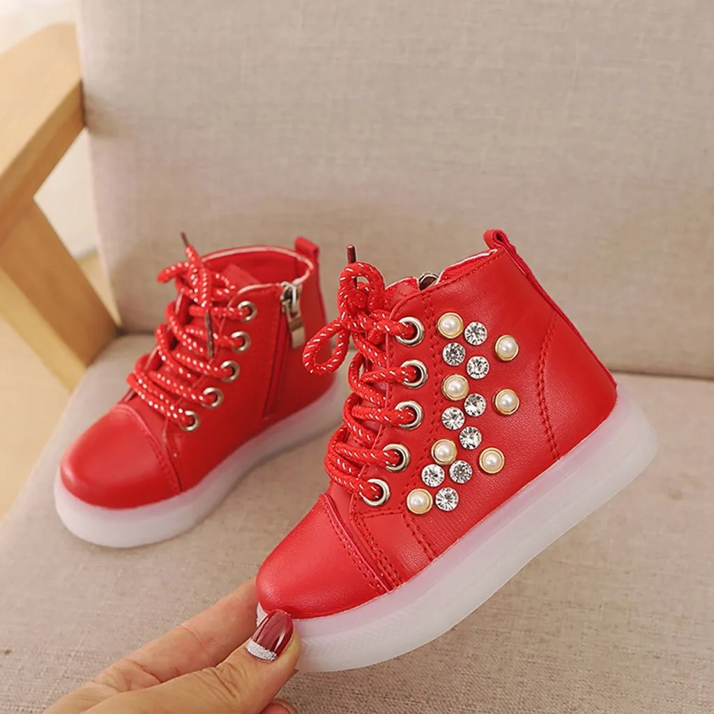 Child Casual Shoes Baby Girls Pearl Crystal Led Light Luminous Run Sport Boots Spring Autumn Winter Fashion Princess C840# | Детская