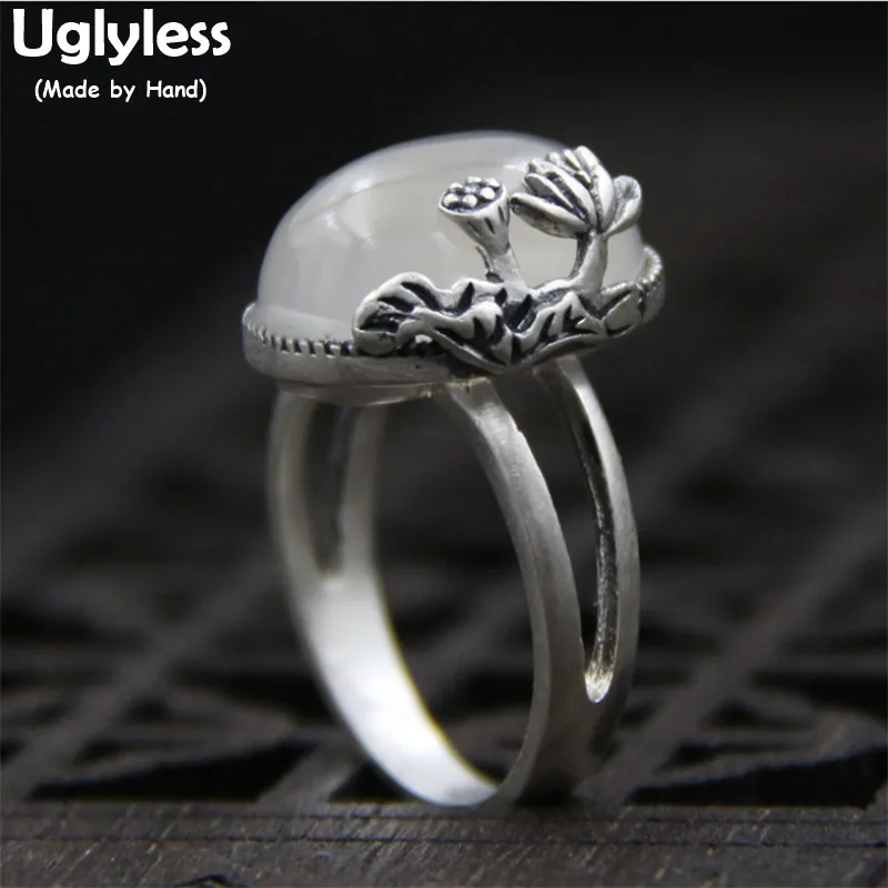 

Uglyless Real S 999 Fine Silver Jewelry for Women Luxury Natural White Chalcedony Rings Opening Oval Gemstones Ring Lotus Bijoux