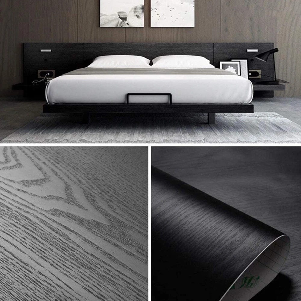 Black Wood Grain Self-Adhesive Wallpaper Film Vinyl Waterproof Wall Stickers Kitchen Wardrobe Cabinet Furniture Renovation | Обустройство