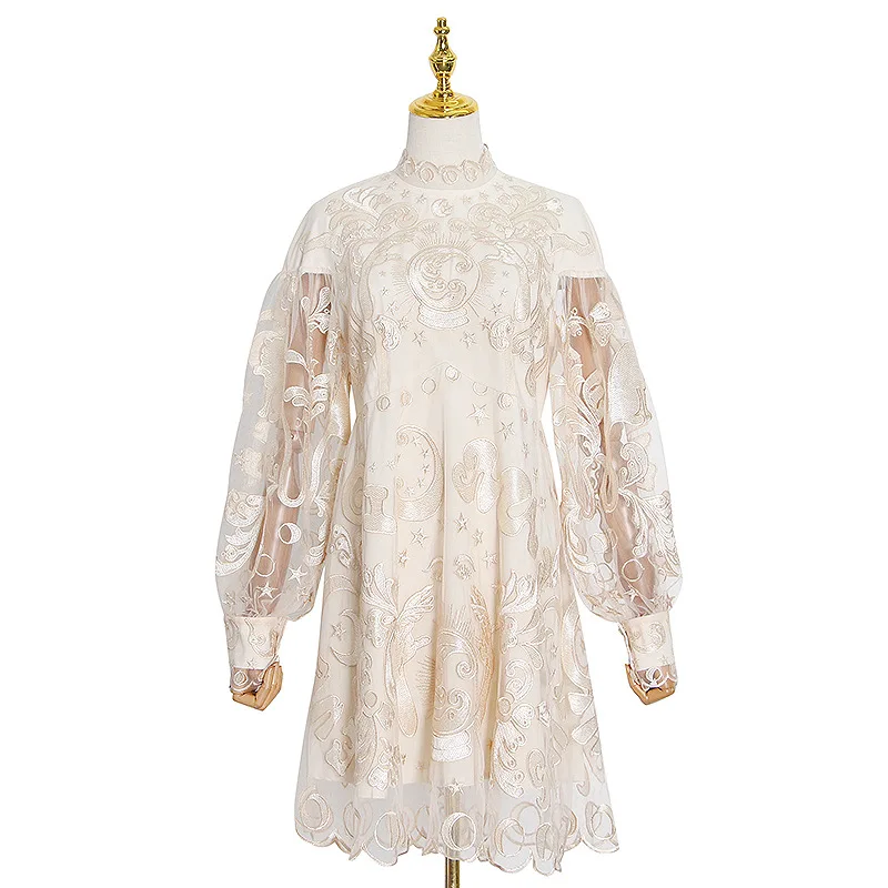 

Socialite petals small stand collar lantern sleeve heavy industry embroidery short dress women