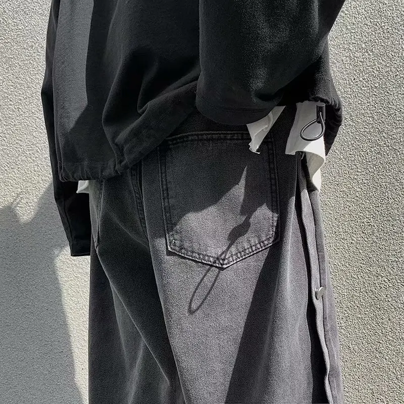 

Spring and autumn new jeans trend loose-breasted tie-pants trendy brand pure color handsome casual nine-point pants