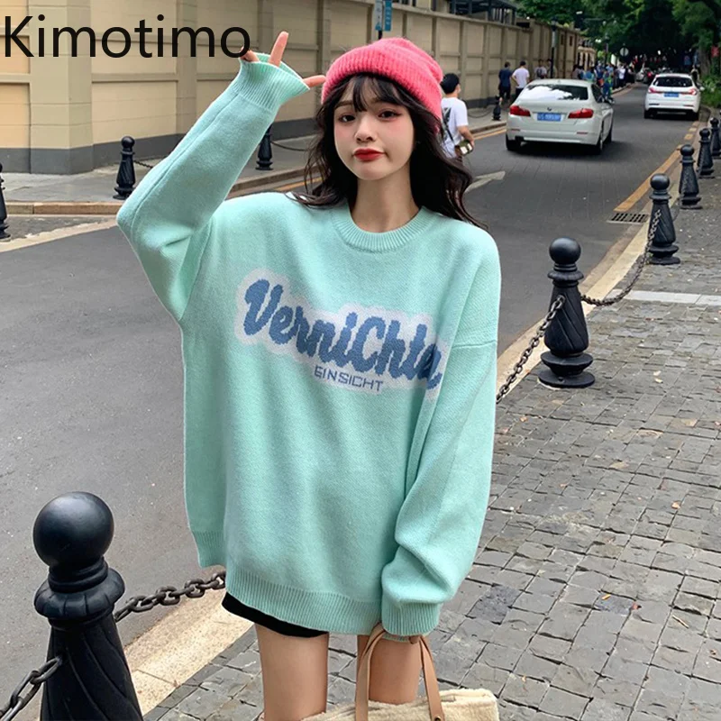 

Пуловер Kimotimo с надписью Женский, повседневный модный вязаный Топ с круглым вырезом в Корейском стиле, универсальный свитер с длинным рукаво...