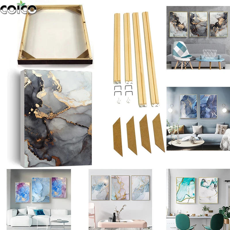

Marble Texture Abstract Canvas Poster with Frame Gold Gray Blue Pink Geometric Agate Ink Wall Art Painting Nordic Print Picture