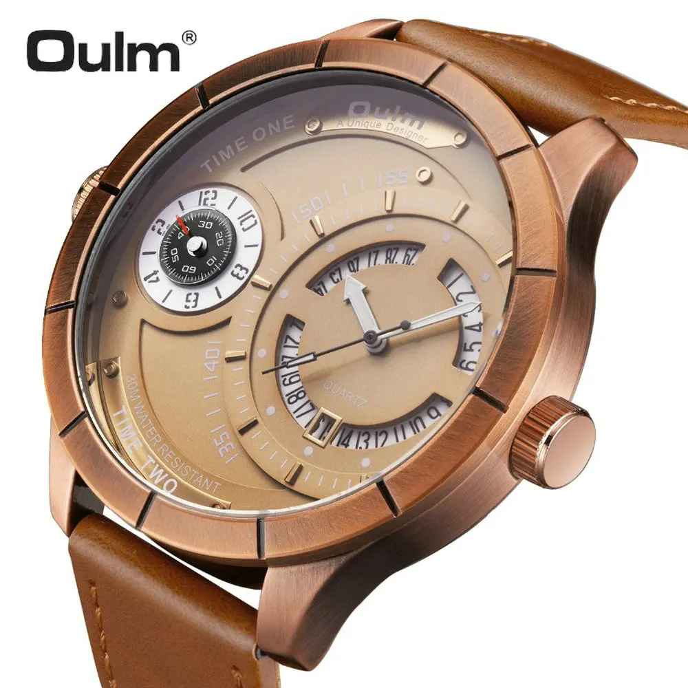 OULM уникальные модные кварцевые часы для мужчин с кожаным ремешком двойным