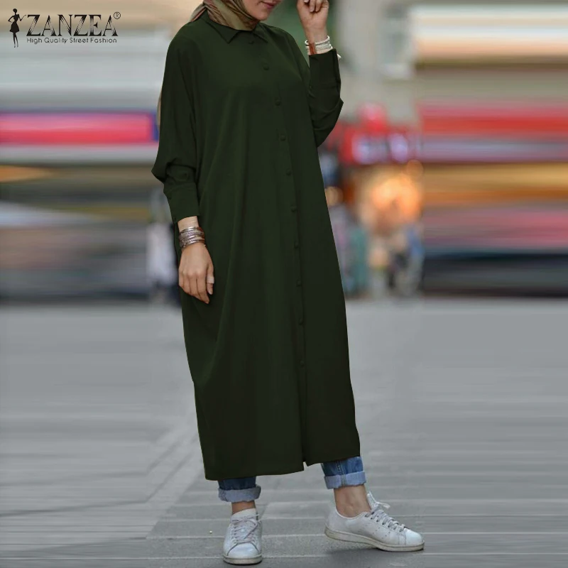 

Autumn Solid Muslim Hijab Dress ZANZEA Woemn Long Sleeve Kaftan Vintage Islamic Caftan Eid Mubarak Abaya Kaftan Female
