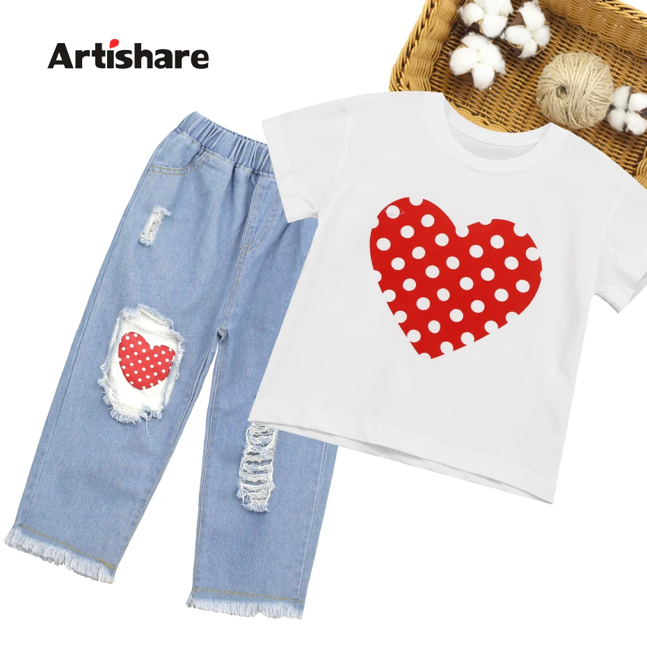 Летняя одежда для девочек с тепловым узором футболка + рваные джинсы детская