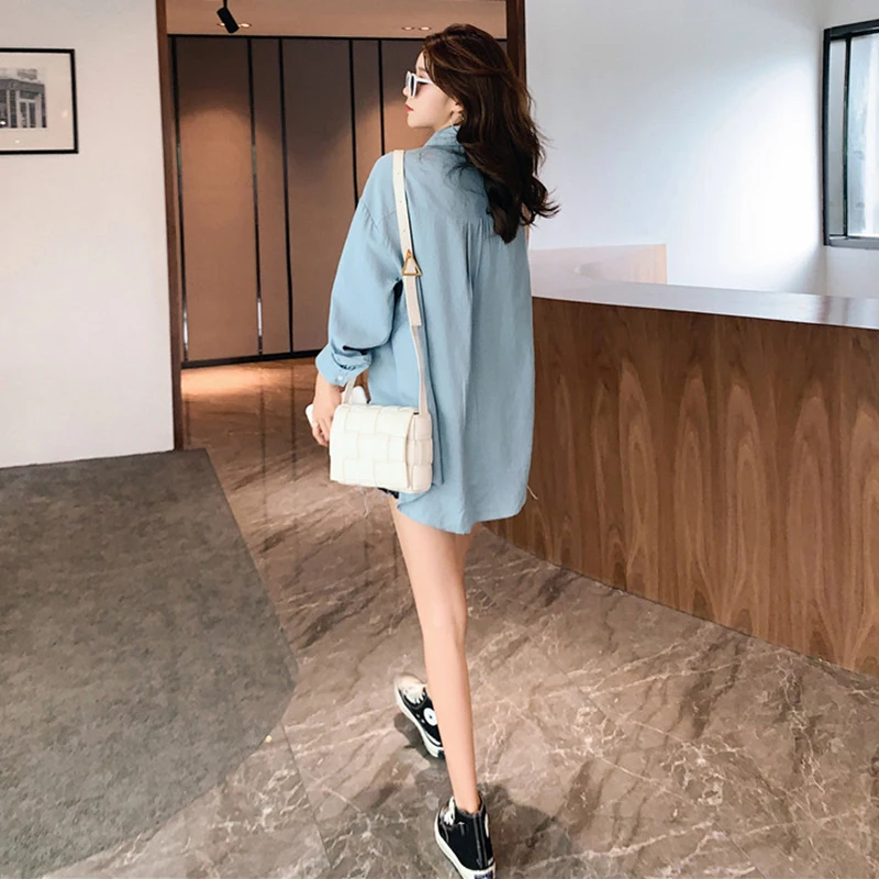 

and - spring autumn long sleeve thin shirt, loose shirt, new lapel, blue, 2021