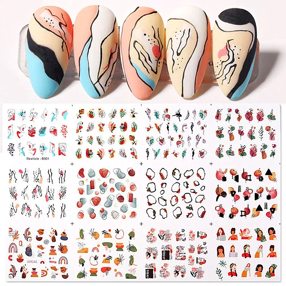 

12PCS Summer Human Face Water Decals Stickers Manicures Decoration Flower Nail Stickers Geometrics Leaf