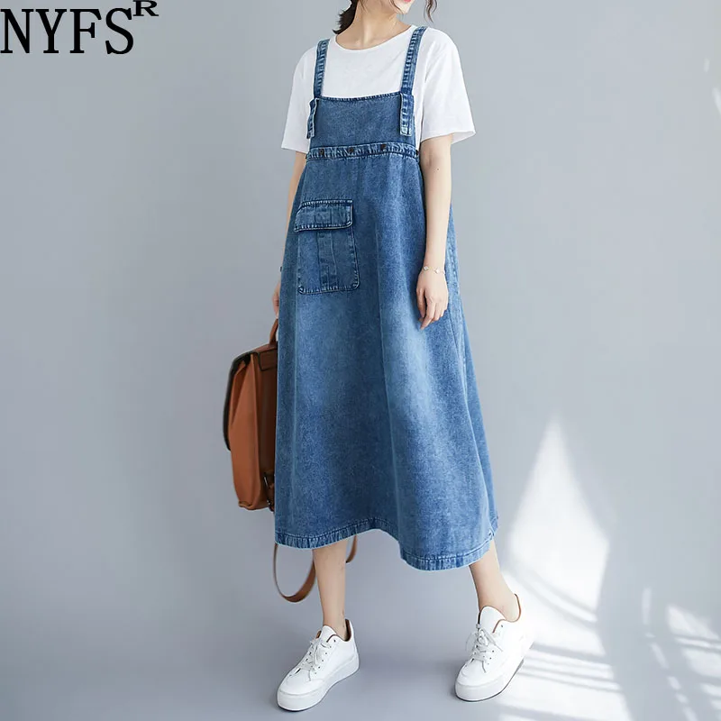

Женское джинсовое платье на бретельках NYFS, однотонное свободное платье в Корейском стиле, 2021