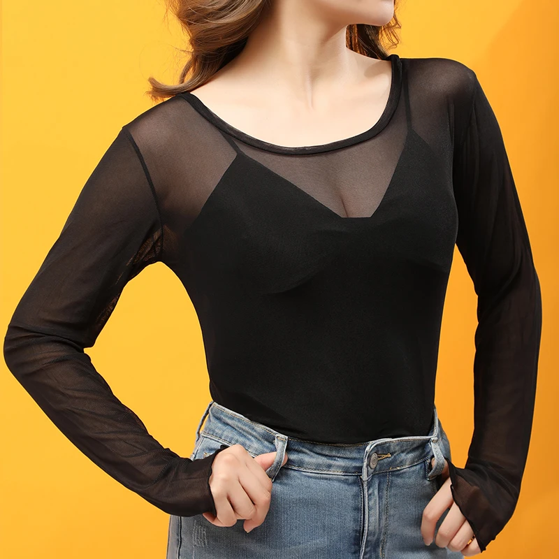 

Sexy Women Mesh Sheer Tops Long Sleeve Soft Lace Shirt See through Transparent Black White T-Shirt Female