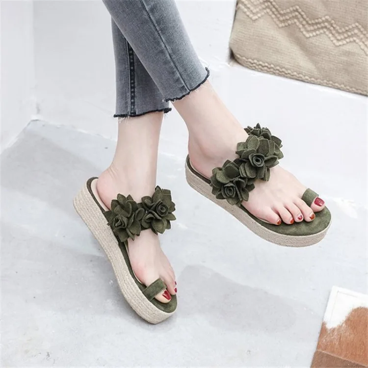 

Shoes Woman 2021 Female Slippers Med Flower Rubber Flip Flops Big Size Platform Butterfly-Knot Beige Heeled Sandals New Flat Sum