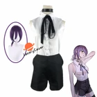 Аниме бензопила человек Reze костюм для косплея фиолетового цвета парик костюм из брюк и рубашки из одного Воротник Шорты Хэллоуин вечерние ролевая игра униформа для девочек и женщин