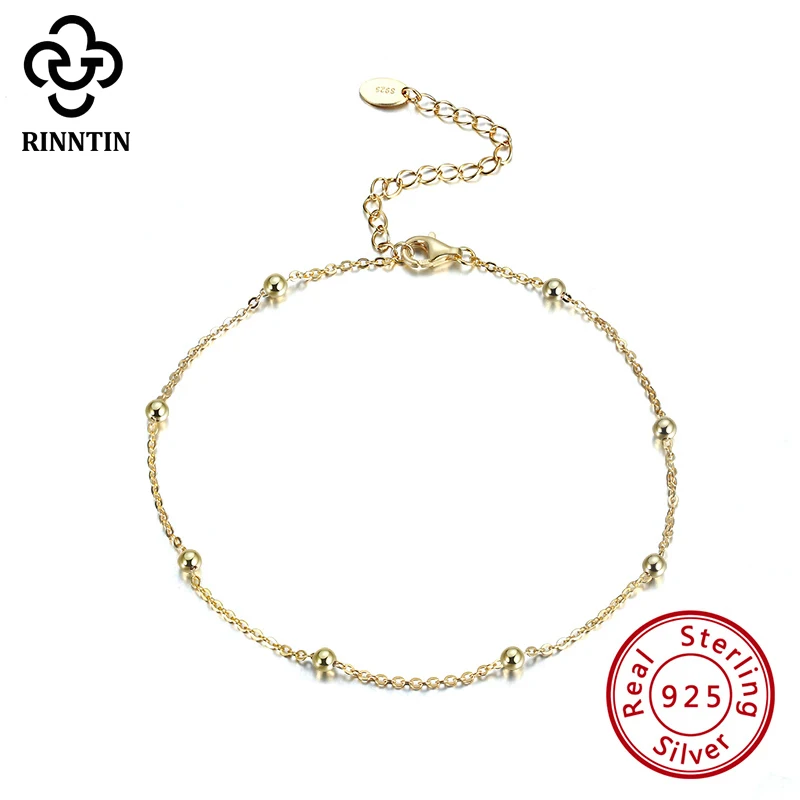 

Rinntin Real 925 Sterling Silver 14K Gold Plated Ball Bead Chain Anklet 5CM Extension Chain For Girls Engagement Gift TSA05