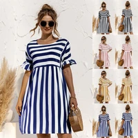 women summer dress cute loose striped print ruffles sleeves dresses elegant a line patchwork beach party female dress vestidos