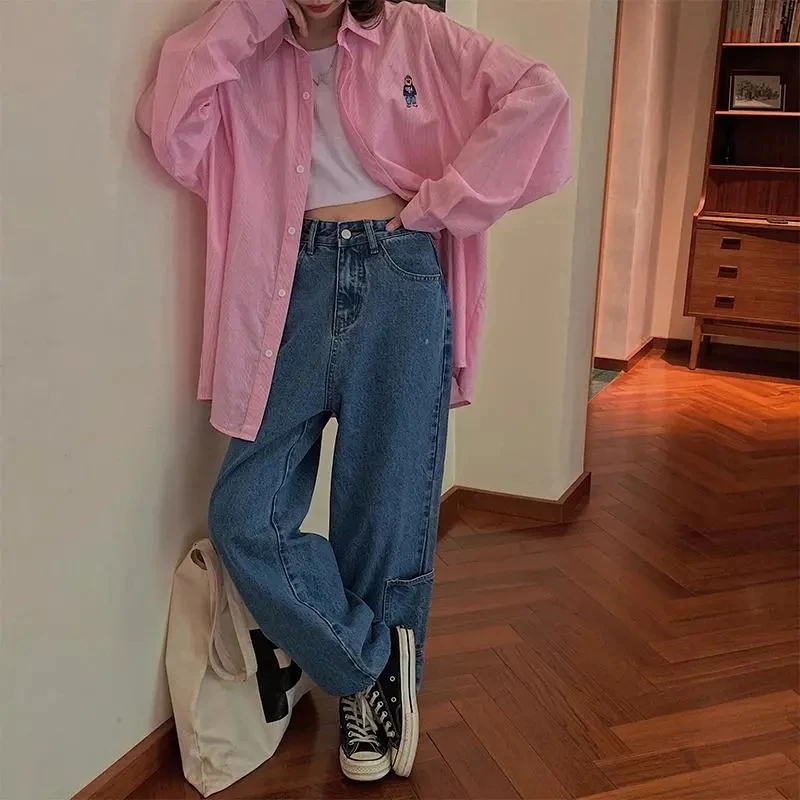 

2021 Autumn Winter In New Drawstring Straight Leg Jeans Female Student Loose Wide-leg Pants Old Trousers Tide