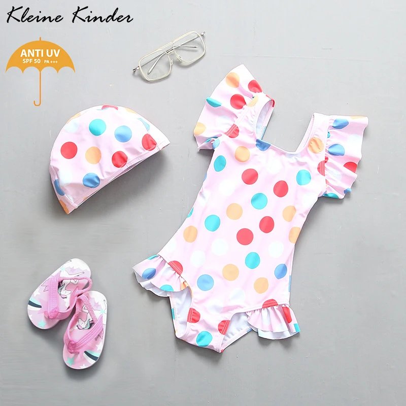 UPF50+ Swimsuit Baby Girl Flying Sleeve Polka Dots Girls Swimwear 2021 New One Piece Bathing Suit Child Toddler Beach Bikini