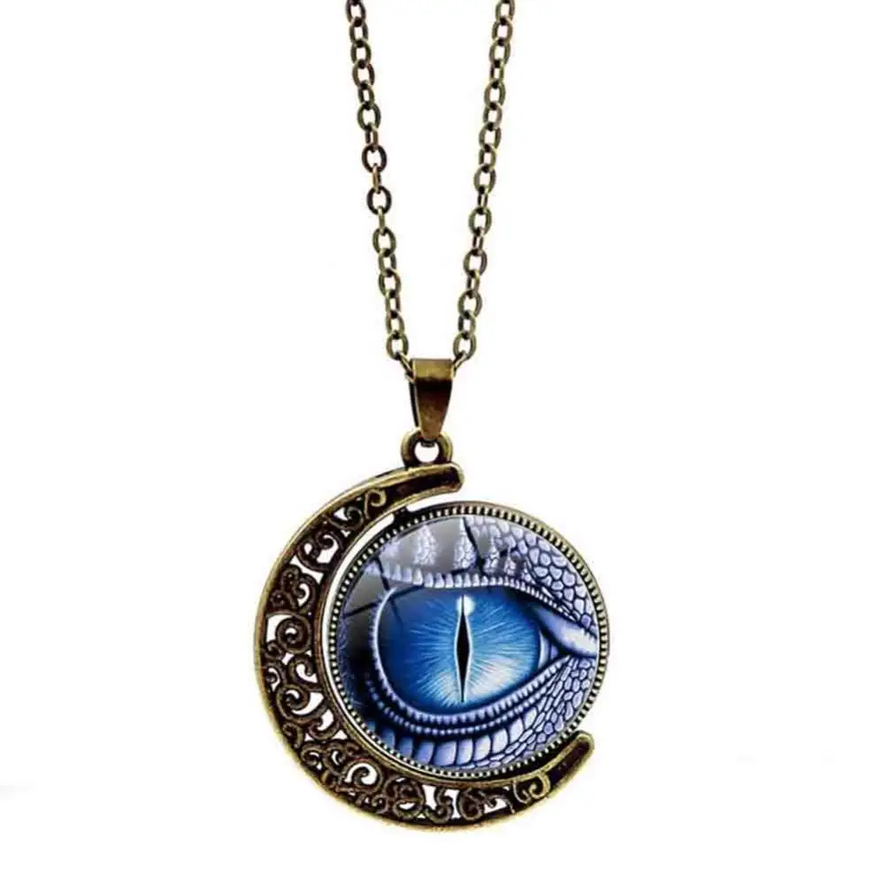 

Unisex Rotate Round Dragon Eye Crescent Moon Pendant Long Chain Necklace Jewelry