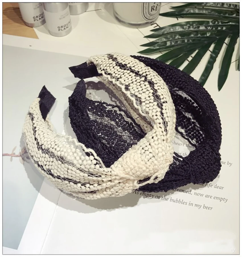 

Korea New Lace High-end Boutique Elegant Woman Hair band Hair Accessories Simple Wide Knotted Bows Hollow Hair Wear Head Band