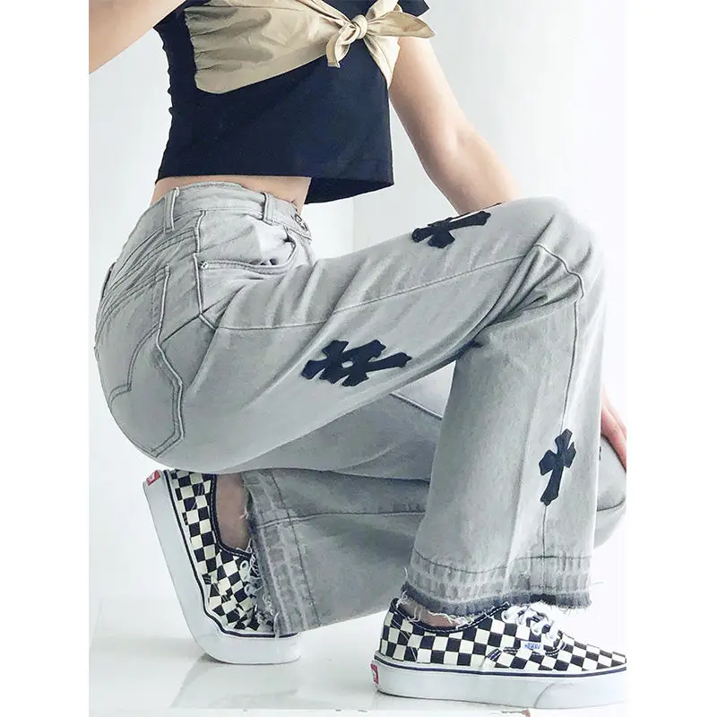 

High Street Distressed Jeans Women Cross Embroidery Casual Denim Trousers Hip Hop Washed Straight Slim Loose High Waist Wide Leg