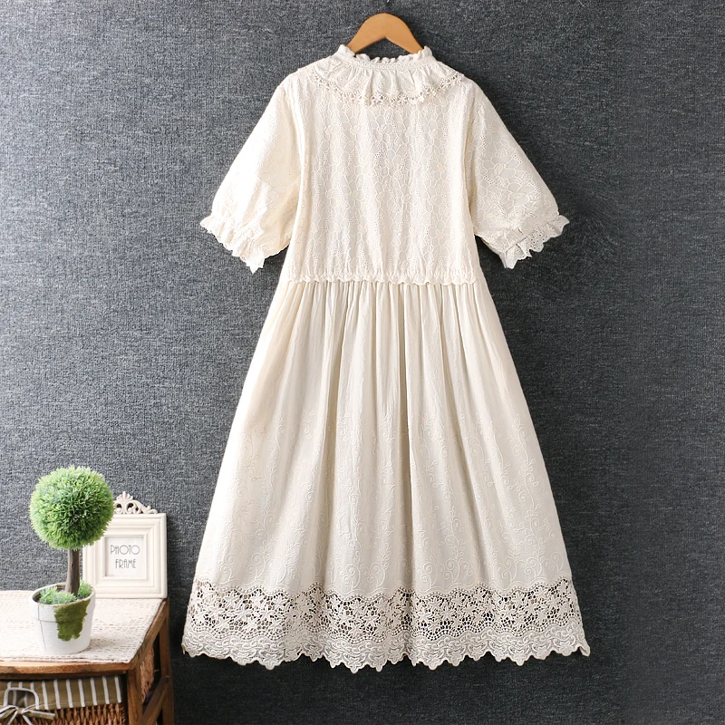 

Summer Sweet Single Breasted Hollow Flower Dress Women Short Sleeve Double Pockets Princess Embroidered Dress 6913