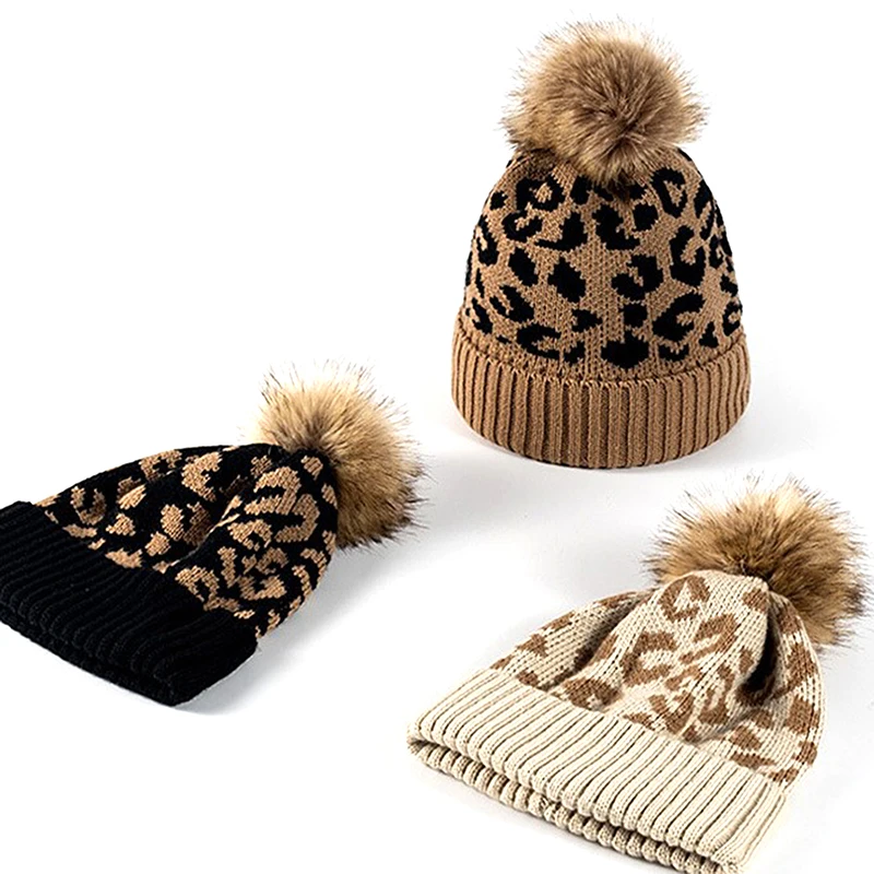 

Leopard Knitted Hats Autumn Winter Beanie Hats For Men Women Outdoor Winter Hat Thicken Warm Cap Boy Girl Trendy Pom Pom Hat