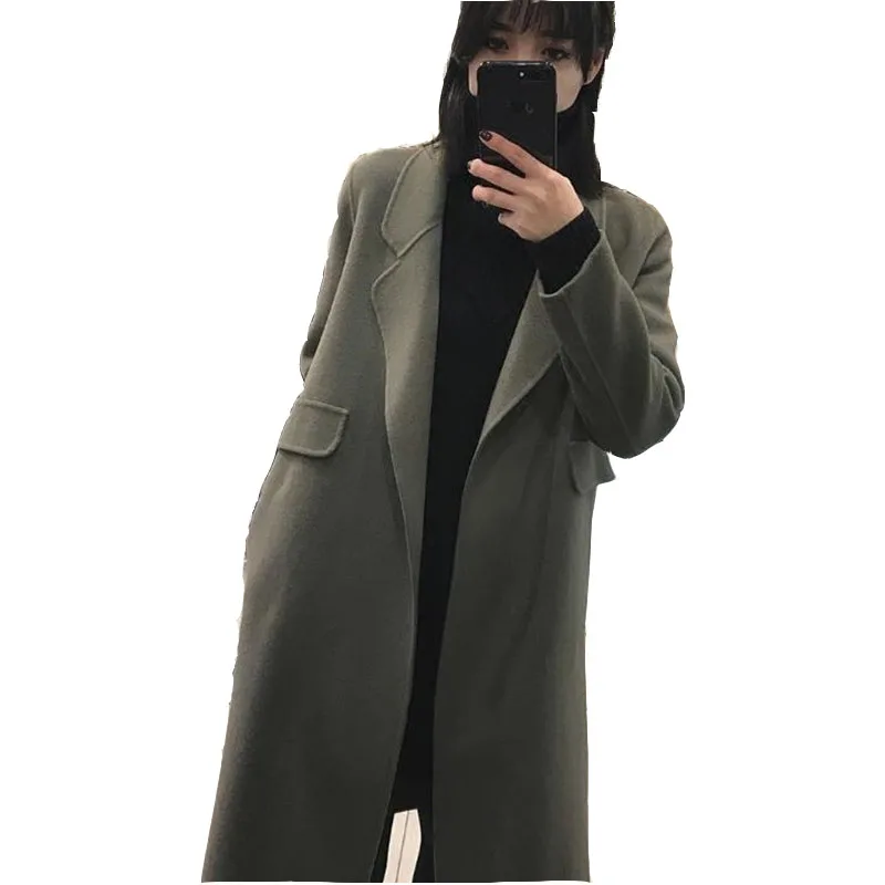 

Осенне-зимнее Новое двустороннее кашемировое пальто ручной работы женское средней длины свободное шерстяное пальто выше колена в стиле Хе...