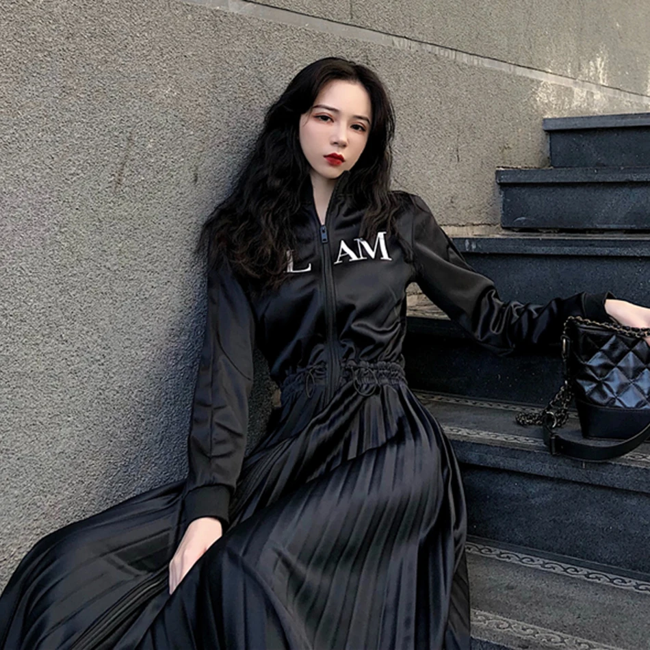 Latest women's spring pleated dress black office elegant long-sleeved stand collar celebrity party Vestidos | Женская одежда
