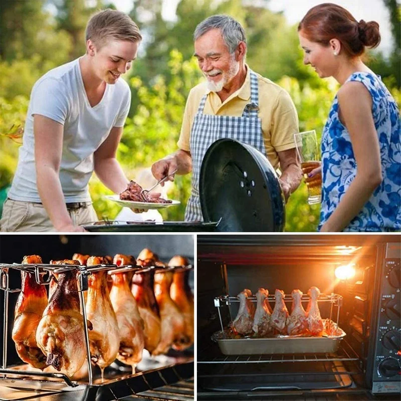 

Chicken Leg Wing BBQ Grill Rack,Stainless Steel Roaster Stand with Drip Pan,Hang Up to 14 Chicken Legs or Wings