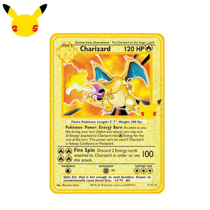 Пикачу 25-е специальное издание карты Pokemon V металлическая Charizard Zekrom Reshiram боевые