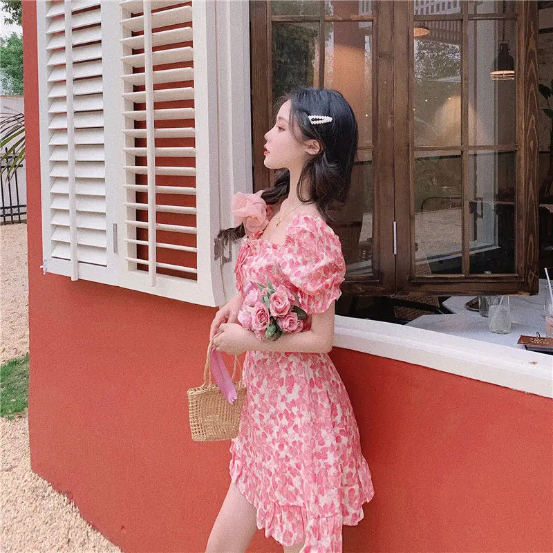

French Fairy Dress Women Pink Floral Print Puff Sleeve Chiffon Dress Sweet Japan Style Kawaii Elegant Korean Mini Dress 2020