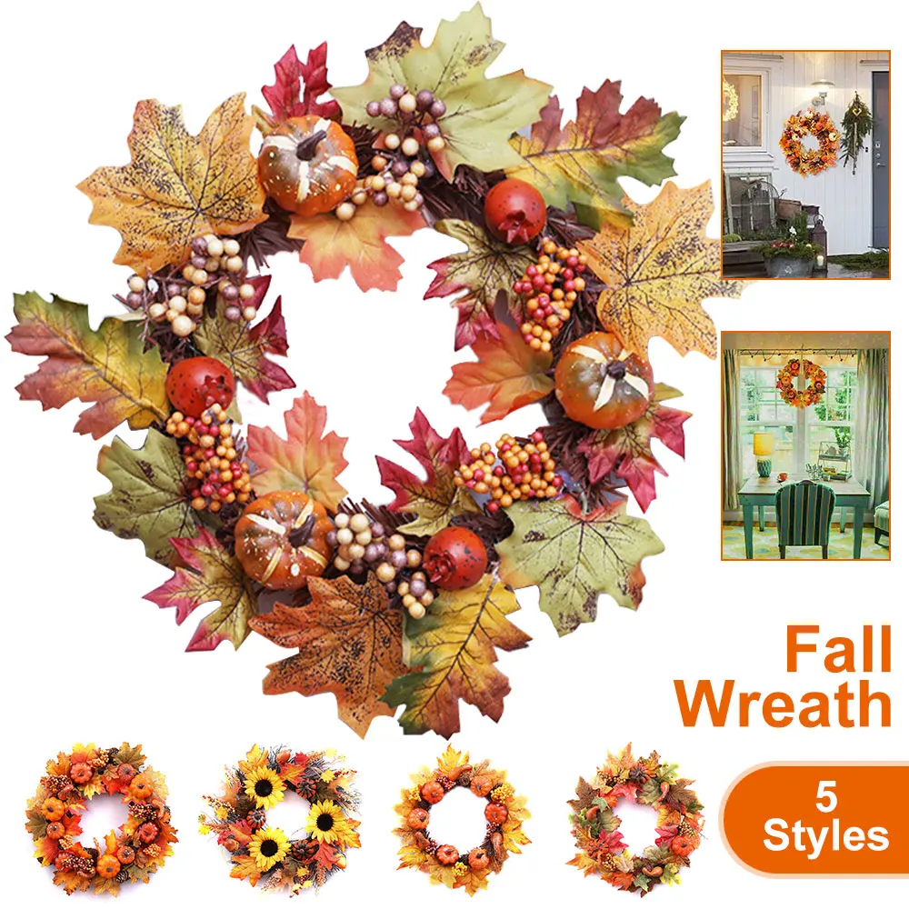 

5 Types Of Fall Wreath Halloween Wreath Holiday Decor For Home, Hotel, Shopping Mall Maple Pumpkin Sunflower Pine Cone Iron Wire