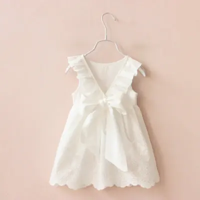 

Hot Sale Pure White Dress Summer Girls Bowknot Big V Open Back Hem Skirt