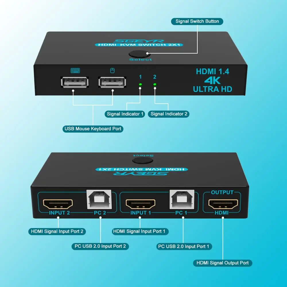 KVM-переключатель SGEYR, 2x1, HDMI, 4K, 2 порта USB, KVM-переключатель, 2 шт., 1 монитор, KVM-переключатель, клавиатура, мышь, общий доступ, поддержка портов 4K x ... от AliExpress RU&CIS NEW