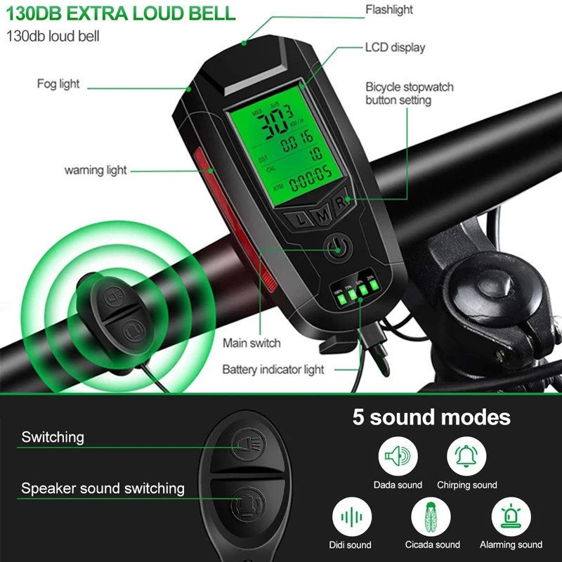 5 In 1 Bike Light USB Charge Bicycle Light With Bicycle Computer LCD Speedometer Odometer Waterproof 5 Modes Horn Cycling Lamp