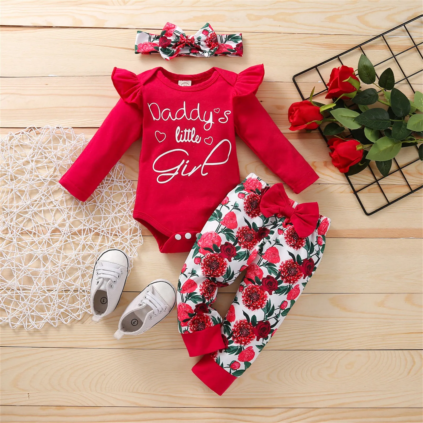 3pcs Newborn Baby Clothes Girls Cotton Ruffle Letter Romper +Pants +Hairband Set Infant Baby Outfit Fall Girl Clothing 3 6 9 12M