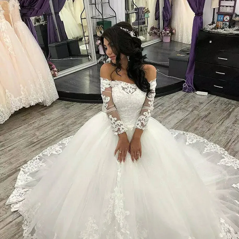 

Vestido De Noiva Princess Sparkle Wedding Dresses Long Sleeves for Bride 2020 Lace Appliques Luxury Bridal Gowns Robe De Mariee