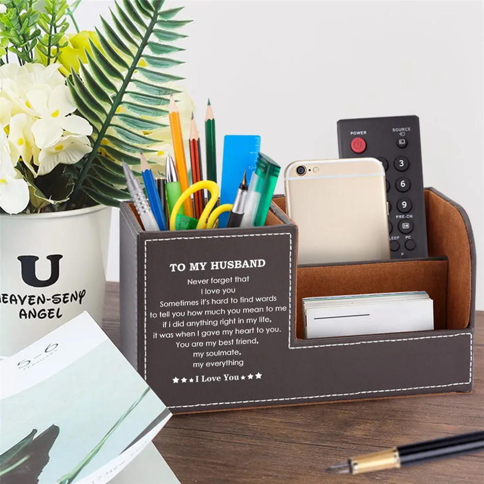 

Customized To My Husband PU Leather Desk Organizer Pen Holder Pencil Box Desk Sundries Stationery Containers Storage Holder Box