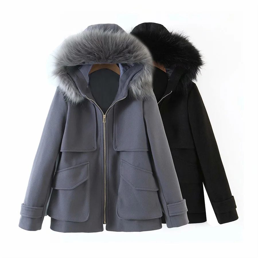 

PUWD Casual Women Pockets Fur Collar Hooded Jacket Coats 2021 Winter Fashion Ladies Zipper Loose Warm Outwear Girls Chic Coat
