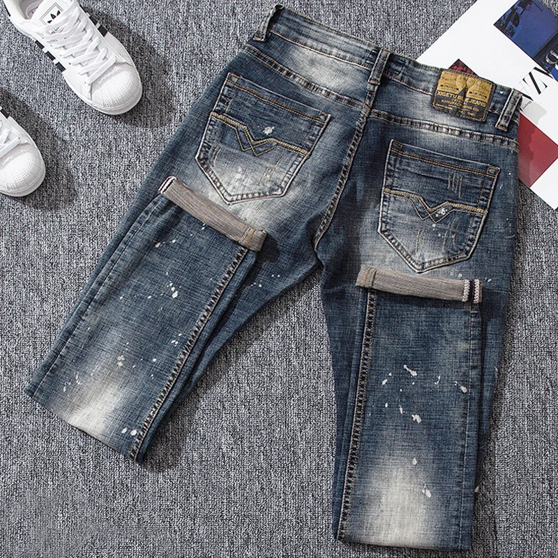 Newly Street Fashion Men Jeans Retro Blue Elastic Slim Ripped Jeans Men Distressed Vintage Designer Splashed Denim Plain Pants