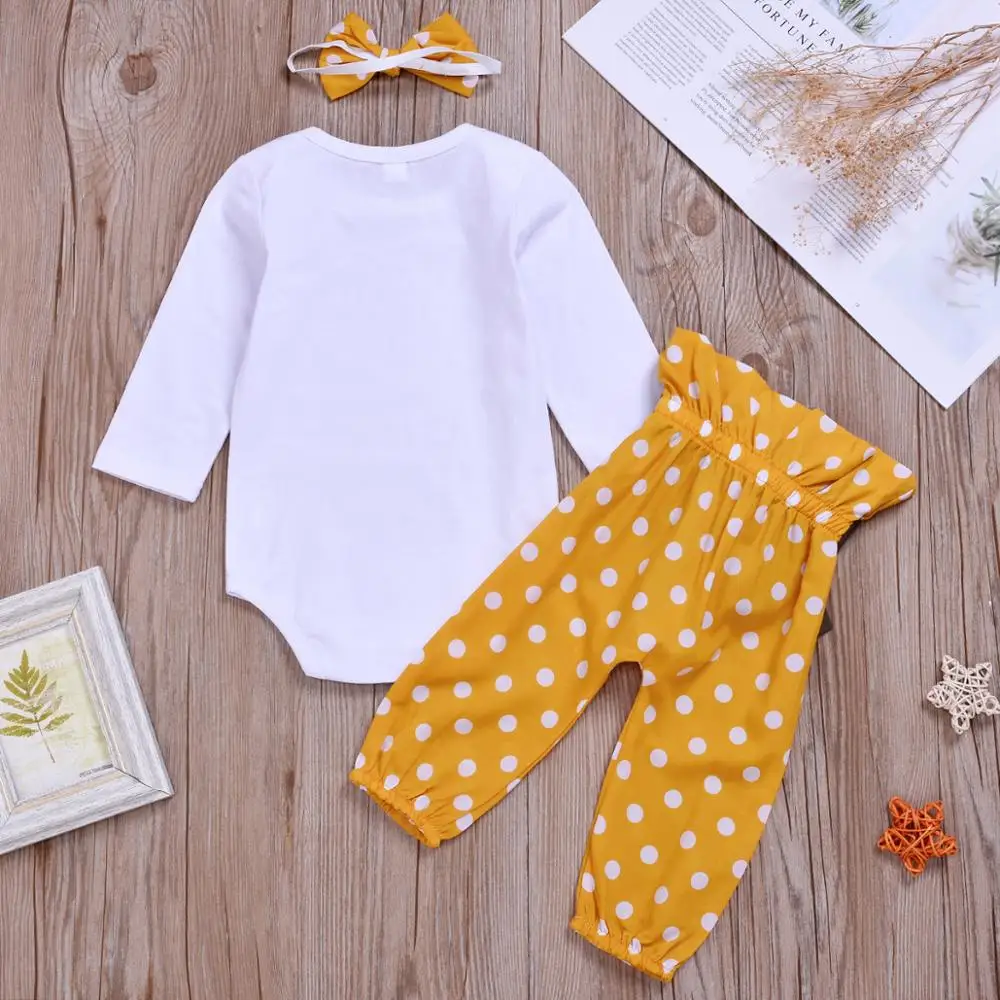 Toddlers Spring Autumn Clothing Cotton Newborn Baby Outfit Fashion Yellow Dot Kids clothing Sets 3pcs Headband | Мать и ребенок