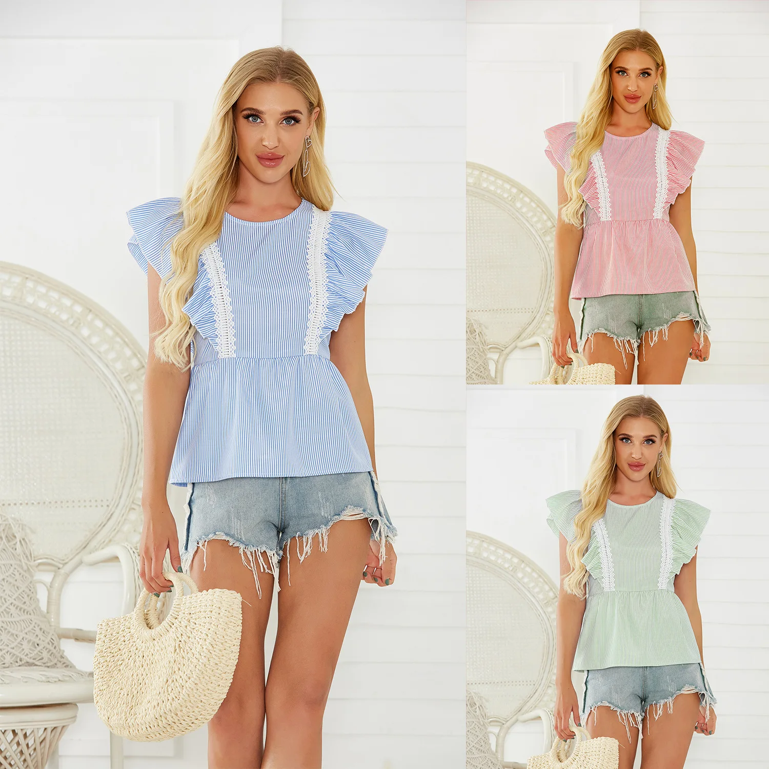 

2021 Summer New Women's Striped Waist Top Cap Sleeve T-Shirt Pure Color Small Fresh Casual Style