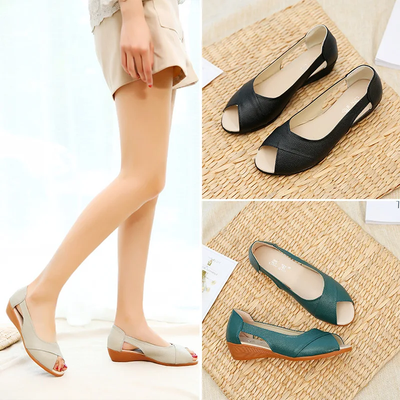 Сандалии женские на низком каблуке мягкие кожаные босоножки модная повседневная